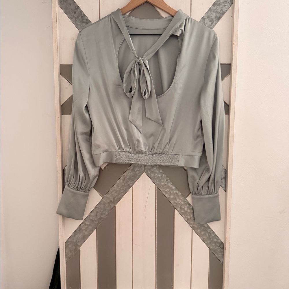 Express Light Green Blouse with Bow Detail